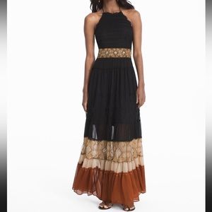 WHBM Boho Black Lace Tiered Halter Maxi Dress